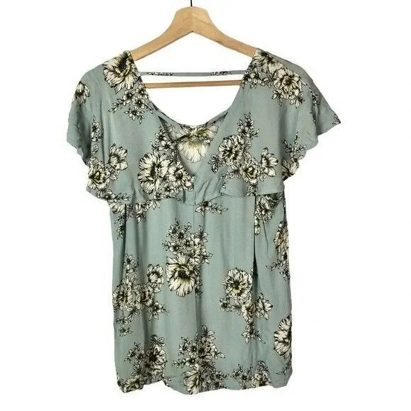 Maurices Blue Floral Lattice Back Woven Short Sleeve Top L - Picture 4 of 5